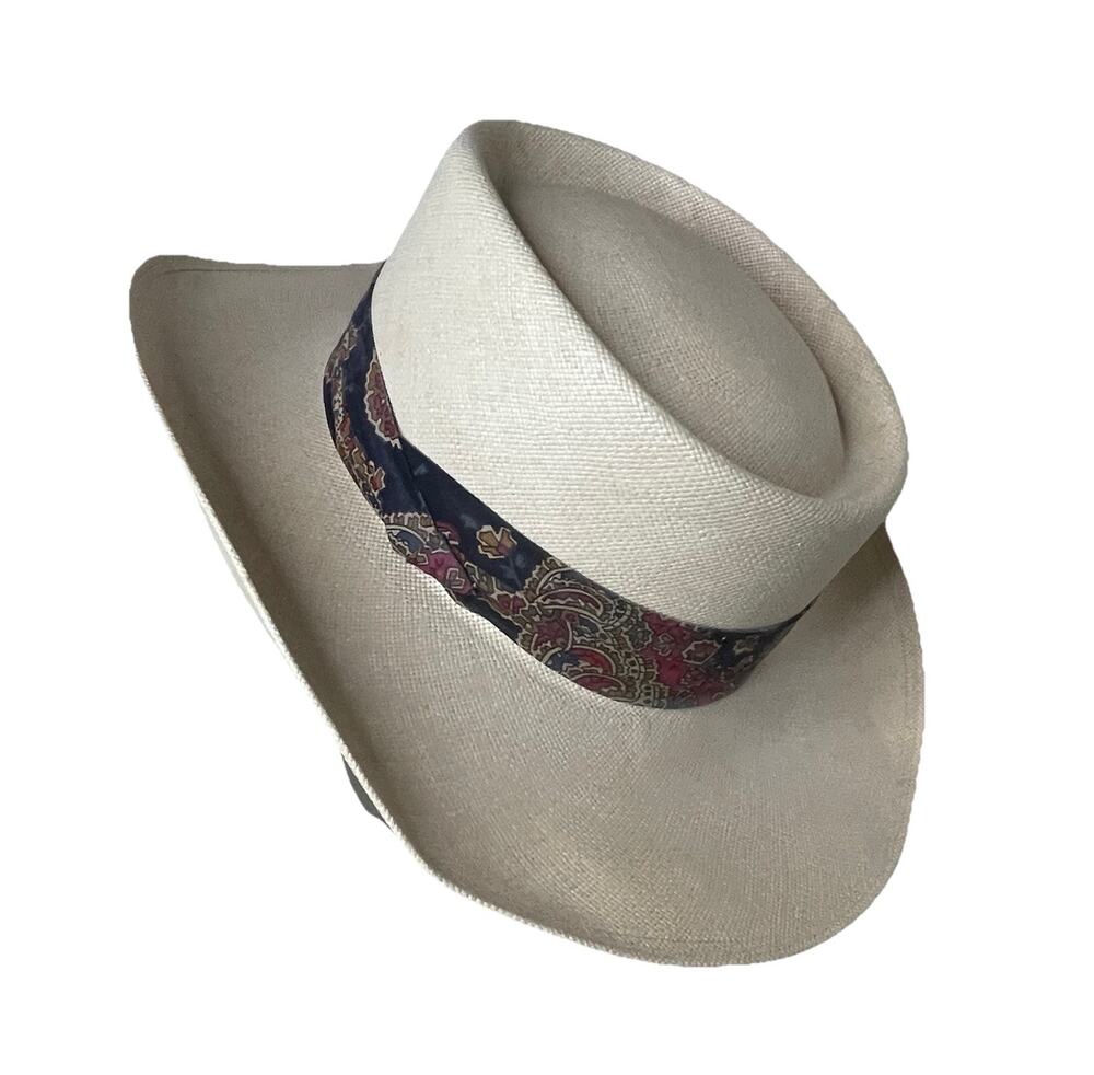 VTG Churchill Ltd Genuine Shantung Straw Panama Hat Size 7 3/8 Paisley Band